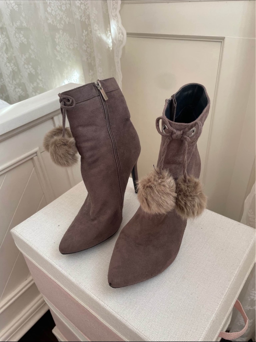 Women's Taupe Suede Pointed Toe Ankle Boots with Fur Pom Pom